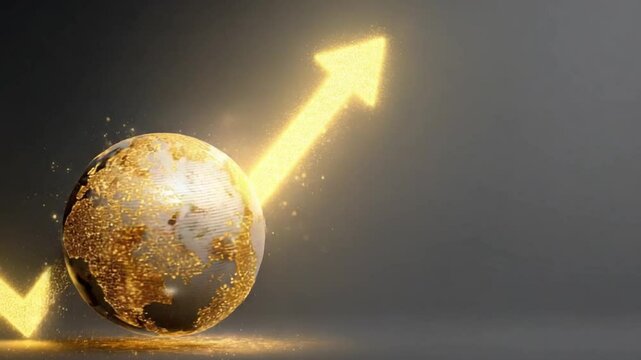 money financial economy, Global business, market growth, worldwide commerce futuristic concept with Earth globe and arrow up in glowing low on golw glitter background Modern abstract desi