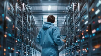 Photo of a data center engineer updating a server using a portable control panel in a futuristic data center, shades of blue, rear view The engineer is wearing a blue uniform - Powered by Adobe