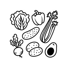 Line art illustration of assorted fresh vegetables