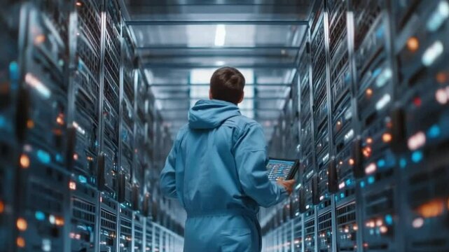Photo of a data center engineer updating a server using a portable control panel in a futuristic data center, shades of blue, rear view The engineer is wearing a blue uniform - Powered by Adobe