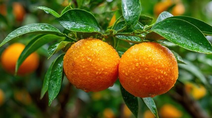 Two ripe oranges hang on a lush green tree branch, glistening with water droplets. The vibrant orchard background showcases other orange fruits under the sun in late summer.
