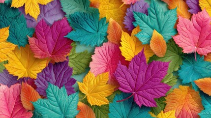 A variety of autumn leaves in bright colors such as purple, yellow, and teal are spread on a surface, showcasing the beauty of nature during a sunny fall day.