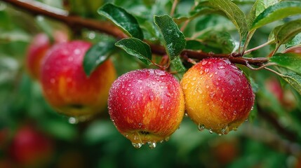 Juicy red and yellow apples hang from a lush branch, shimmering with raindrops. The vibrant orchard setting showcases the bounty of summer, creating a refreshing atmosphere.