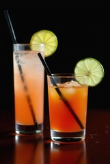 Fototapeta premium Refreshing Drink Duet: Two stylish cocktails, elegantly garnished with citrus slices, stand invitingly against a backdrop, capturing the essence of refreshment and sophistication.