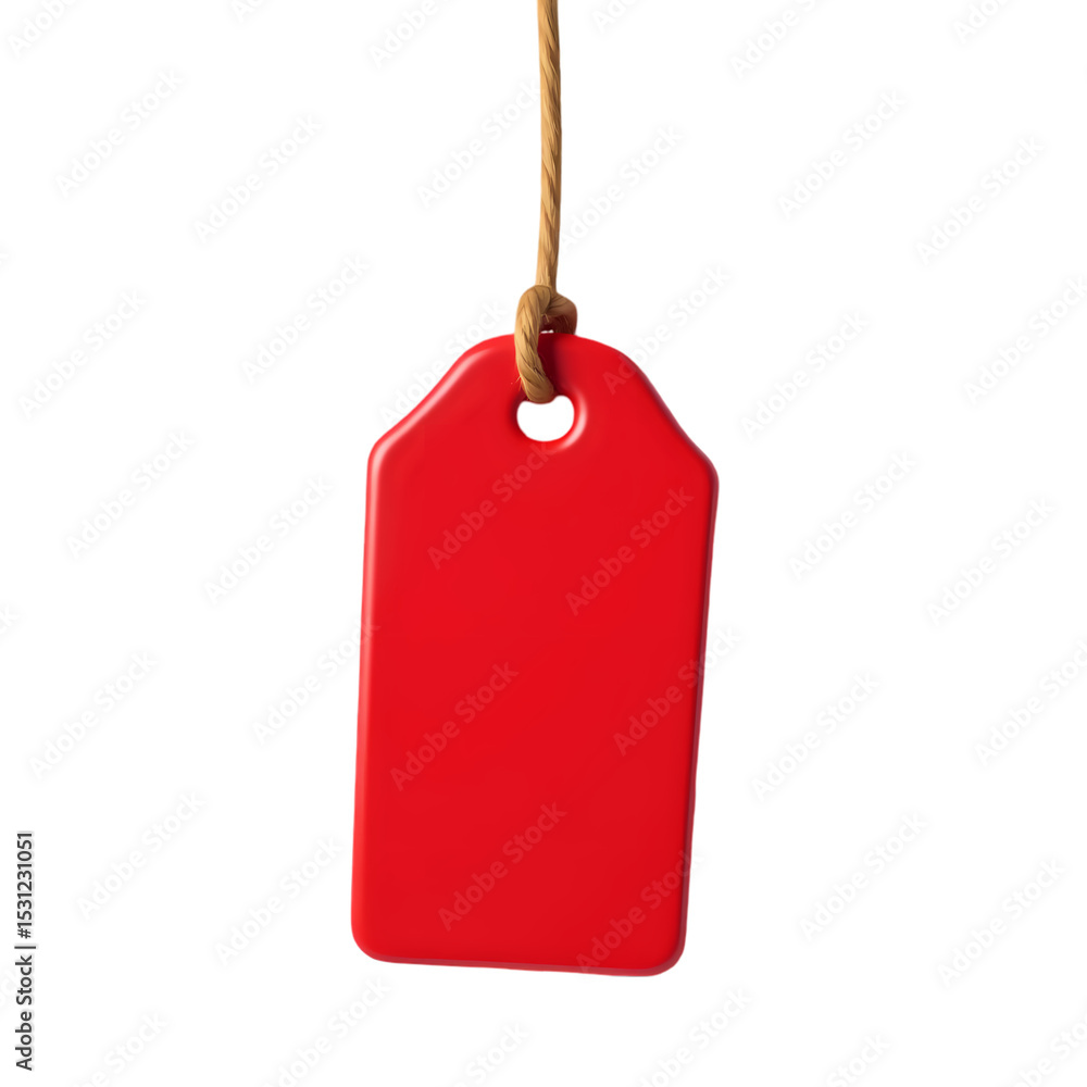 Poster a red tag hanging from a brown string isolated on white background