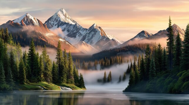 Serene summer morning in a tranquil mountain landscape with mist rising over a reflective lake