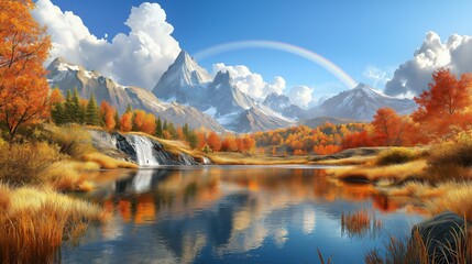Obraz premium Stunning autumn landscape featuring colorful foliage, serene lake, and majestic mountains under a clear blue sky