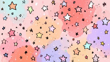 A vibrant collection of stars dances across a pastel background, featuring a mix of soft colors like pink, blue, and peach, creating a cheerful, whimsical atmosphere perfect for decoration or design.