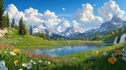Vibrant summer landscape with mountains, flowers, and a serene lake under a rainbow in a clear blue sky