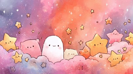 A whimsical scene featuring adorable characters, including a ghost and cheerful creatures, surrounded by fluffy clouds and shining stars under a vibrant sky at twilight.