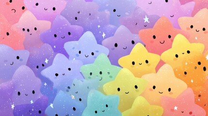 A playful arrangement of cartoon stars with cheerful expressions fills the canvas, showcasing a gradient of soft colors set against a dreamy background.