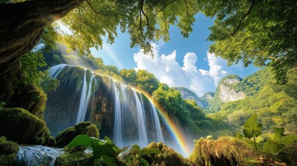 Hyper-realistic depiction of a breathtaking waterfall with a rainbow in a lush forest setting under a clear blue sky