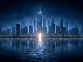 Fototapeta premium City of Lights: The iconic skyline of the city shimmers under the twilight sky, the skyscrapers casting their reflections on the calm water. A breathtaking, atmospheric, modern scene.