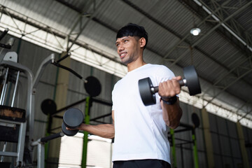 Strength Training Focus. Young man performing bicep curls with dumbbells in gym.
