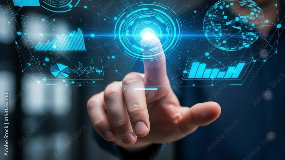 Aufkleber a hand interacts with a virtual display, highlighting data analytics, global connectivity, and user 