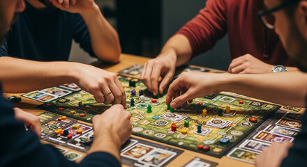 Friends gather for an exciting board game night laughter and friendly competition fill the air pure joy