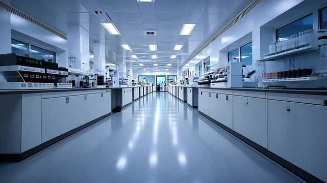 Modern laboratory interior showcasing clean workspaces, equipment, and bright lighting