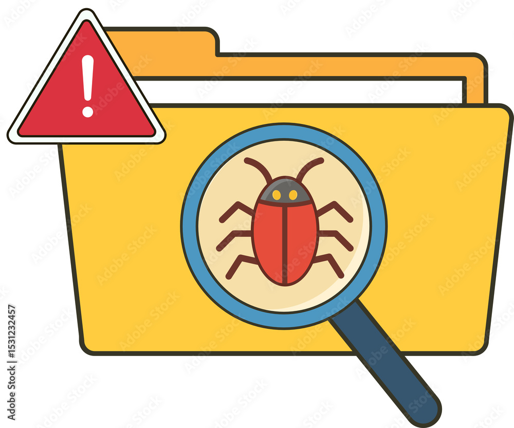 Aufkleber bug searching, virus scanning under magnifier with data folder vector illustration
