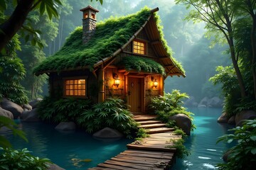Obraz premium Enchanting lush green cottage by a tranquil lake surrounded by a verdant forest landscape