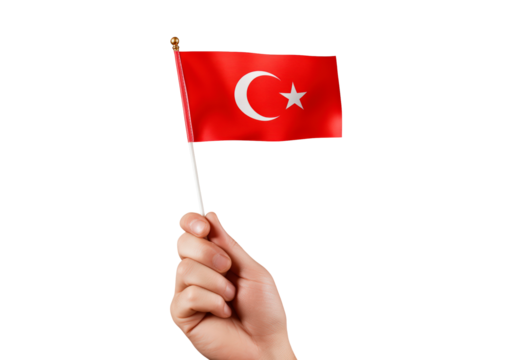 Hand holding Turkish flag on transparent background, PNG