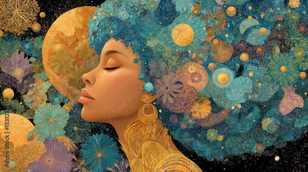 Poster a woman with a serene expression displays a lush hairstyle made of colorful flowers and celestial mo