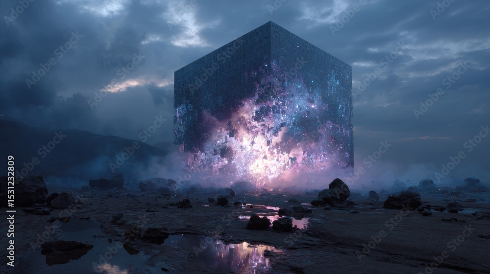 Poster a striking cube stands amidst a rocky landscape at twilight, reflecting a mesmerizing cosmic scene. 