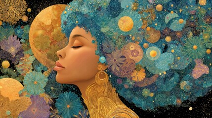 A woman with a serene expression displays a lush hairstyle made of colorful flowers and celestial motifs. The background features vibrant dots and patterns, creating an enchanting atmosphere.