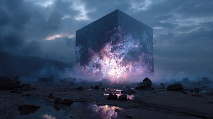 A striking cube stands amidst a rocky landscape at twilight, reflecting a mesmerizing cosmic scene. Soft light and mist create an ethereal atmosphere around the structure.