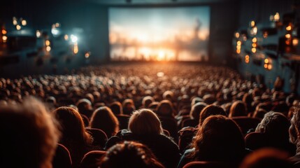A vast number of people are seated in a dimly lit theater, attentively watching a film on the big screen as bright visuals illuminate the dark space.