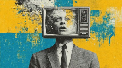 A surreal artwork illustrates a man in a suit with a vintage television for a head, showing an expression of shock against a vibrant yellow and blue background, symbolizing confusion and isolation.