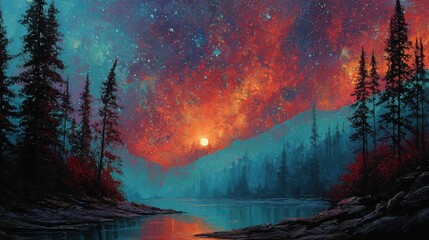 A breathtaking sunset casts warm colors over a calm lake, while a starry sky illuminates the mountain silhouette. Tall trees frame the serene landscape, creating a peaceful atmosphere.