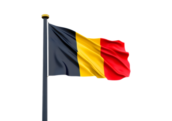 Belgium national flag waving on a flagpole on transparent background, PNG