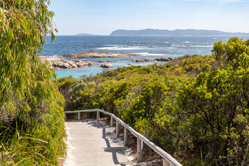 The steps down to the Southern Ocean at Greens Pool on the edge of William Bay National Park in the Shire of Denmark, Great Southern region of Western Australia, WA, Australia.