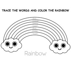 Trace and color.Coloring book.7 colors of the rainbow with cute smiling clouds in the sky.Red, orange, yellow, green, blue, indigo, and violet.Education for preschool.Vector illlustration.