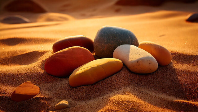 Close-up view of smooth colorful pebbles resting on textured golden sand under sunlight
