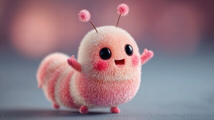 A fluffy caterpillar-like creature with bright eyes and cheerful expression raises its arms in happiness. Its pastel colors blend harmoniously with a soft background, evoking joy.