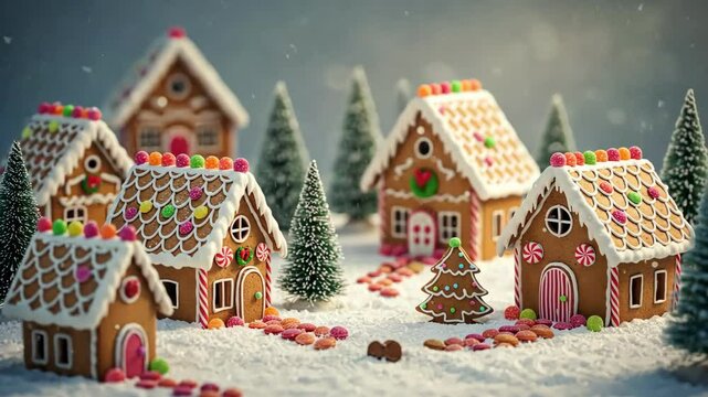 A cozy, festive village of gingerbread houses in the snow.