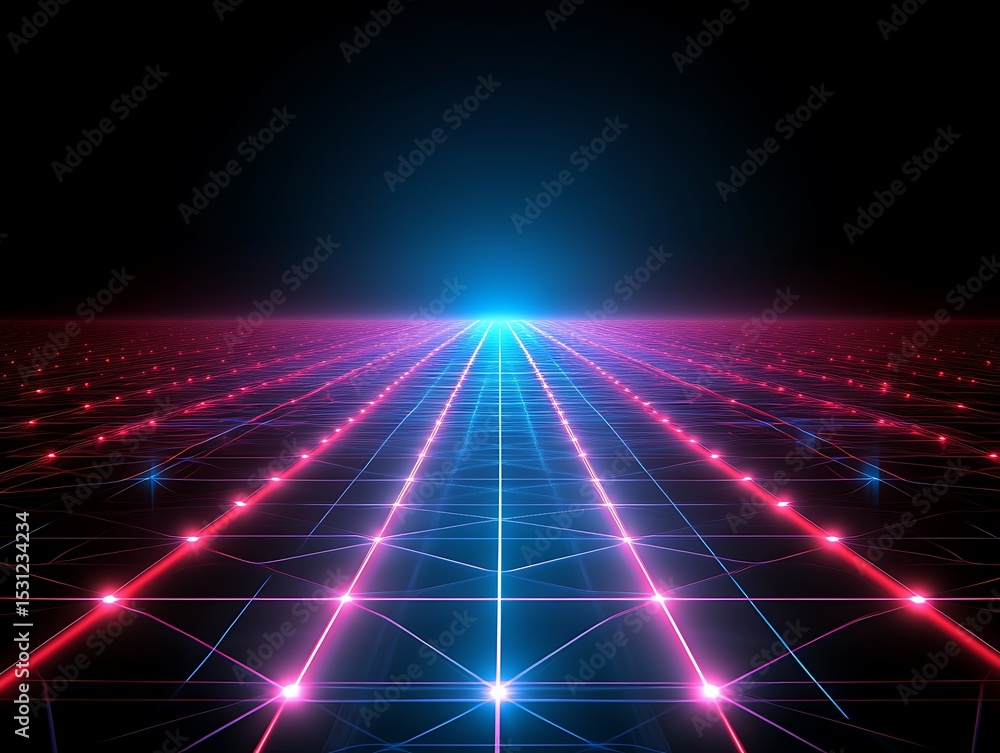 Poster abstract neon network background with perspective glowing grid lines