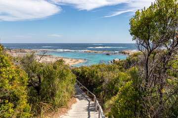 The steps down to the Southern Ocean at Greens Pool on the edge of William Bay National Park in the Shire of Denmark, Great Southern region of Western Australia, WA, Australia.