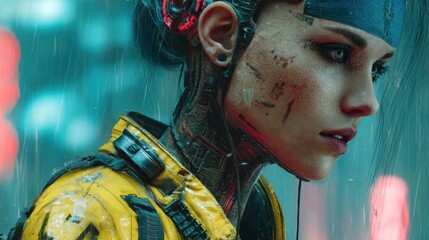 A cybernetic human stands in a rain-soaked urban environment filled with neon lights. Their intricate facial enhancements hint at advanced technology, creating a captivating visual.