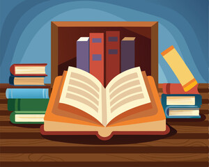 Open Book on Wooden Desk with Stack of Books