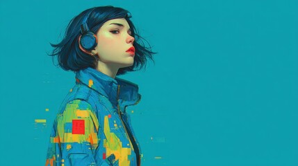 A young woman with short black hair poses against a vibrant blue backdrop, wearing a blue jacket and headphones while exuding a confident aura. The artwork blends colors and textures.