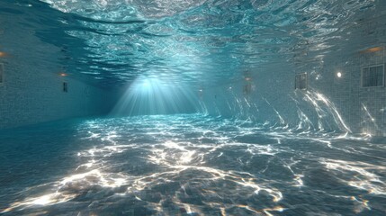 Sunlight streams through the surface of an indoor swimming pool, creating a serene atmosphere with shimmering water reflections and a tranquil vibe in the late afternoon.