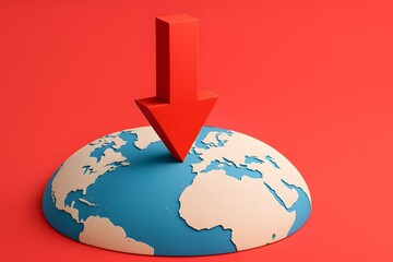 3D Globe Illustration with Downward Arrow on Red Background