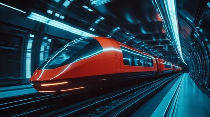  a futuristic levitating red train with blue lights