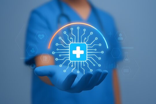 Medical professional presenting futuristic healthcare technology represented by digital circuitry symbol