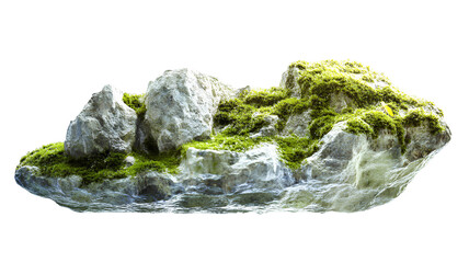 Green moss on rocks isolated on transparent background. 3d illustration