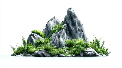 Green plants and rocks isolated on white background