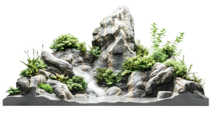 Waterfall in rock garden, aquascape decoration isolated on transparent background
