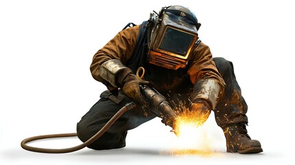 Welder with protective mask welding metal isolated on a white background.